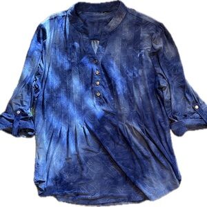 N.Y. Collection Indigo Blue Tie-dye Button-Up Blouse